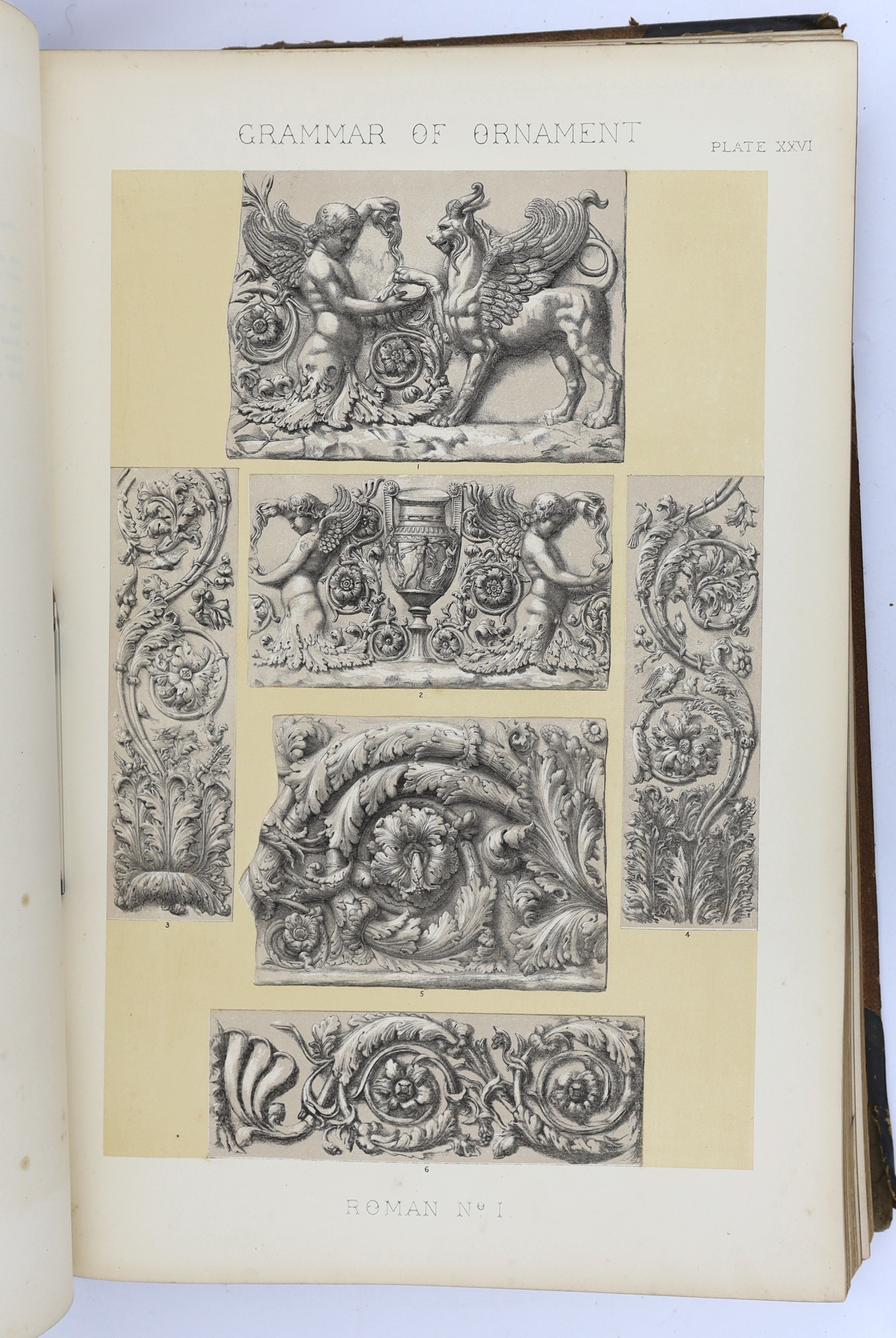 Owen Jones - Grammar of Ornament. Illustrated by Examples of Various Styles of Ornament, one hundred folio plates, drawn on stone by F. Bedford and printed in colours by Day and Son, First Edition. pictorial title (in go